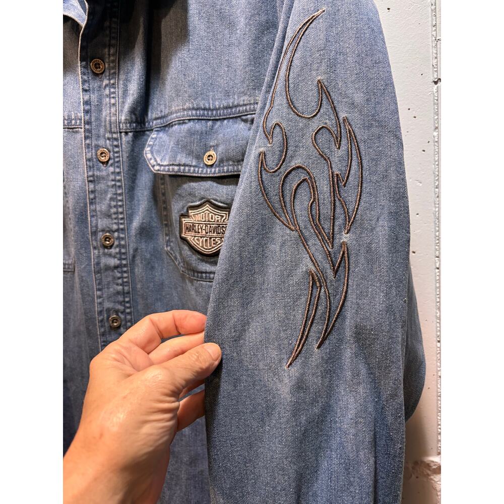 Harley Davidson blue denim button down long sleeve shirt men’s 2xl tall - Picture 5 of 8
